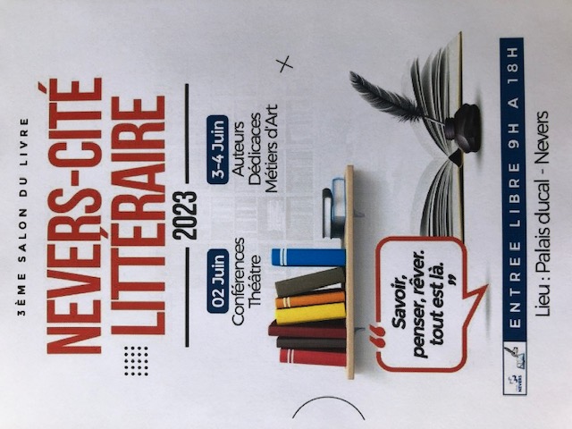 Affiche du Salon du livre organisé à Nevers par le GEM du 2 au 4 juin 2023.